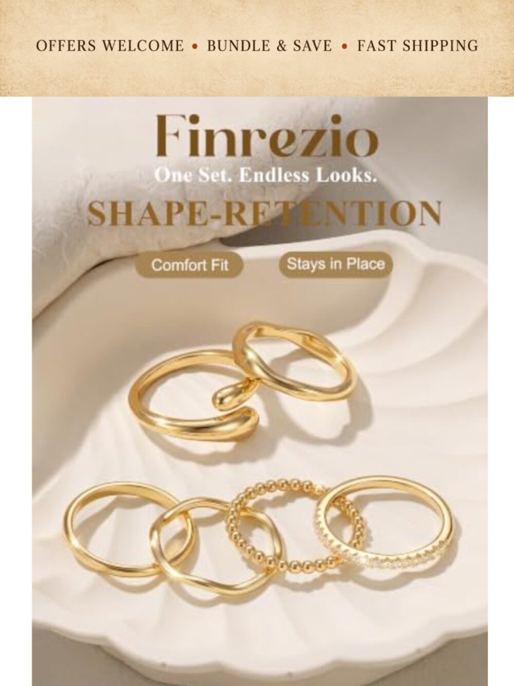 14K Gold Plated Stackable Rings Set 6 Piece Waterproof Band Rings - Picture 4 of 6